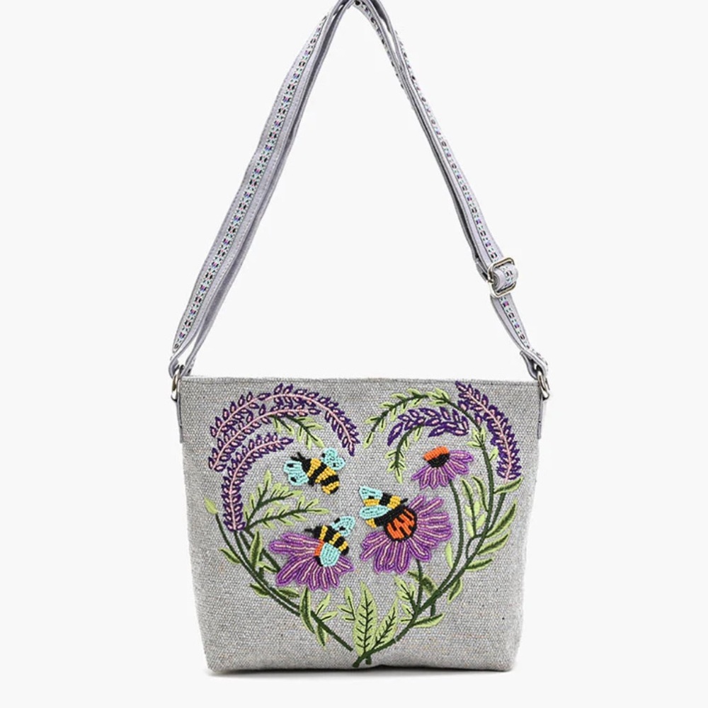 Lavender Floral Gray Shoulder Bag embroidered America & beyond